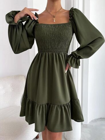 Women's Chiffon Blend Casual Mini Dress with Long Lantern Sleeves, Square Neck Tie Back High Waist A-Line Silhouette in Saudi Arabia