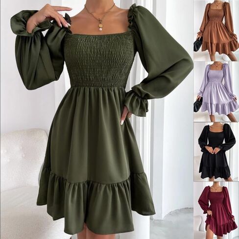 Women's Chiffon Blend Casual Mini Dress with Long Lantern Sleeves, Square Neck Tie Back High Waist A-Line Silhouette in Saudi Arabia