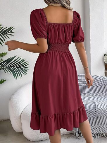 Women's Chiffon Blend Casual Mini Dress with Long Lantern Sleeves, Square Neck Tie Back High Waist A-Line Silhouette in Saudi Arabia