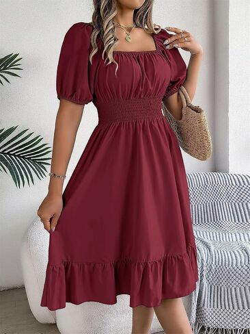 Women's Chiffon Blend Casual Mini Dress with Long Lantern Sleeves, Square Neck Tie Back High Waist A-Line Silhouette in Saudi Arabia