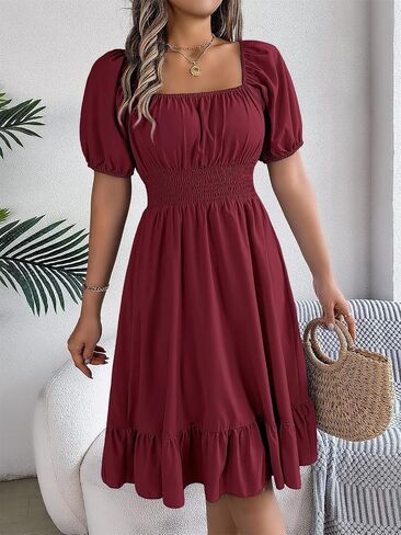 Women's Chiffon Blend Casual Mini Dress with Long Lantern Sleeves, Square Neck Tie Back High Waist A-Line Silhouette in Saudi Arabia