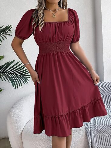 Women's Chiffon Blend Casual Mini Dress with Long Lantern Sleeves, Square Neck Tie Back High Waist A-Line Silhouette in Saudi Arabia