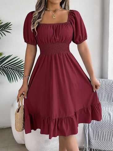 Women's Chiffon Blend Casual Mini Dress with Long Lantern Sleeves, Square Neck Tie Back High Waist A-Line Silhouette in Saudi Arabia