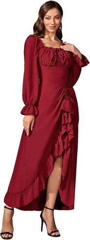 Abaowedding Renaissance Medieval Dress Women Ren Faire Dress, Long Sleeve Ruffle Midi Dress, Square Neck with Smocked Bodice in Saudi Arabia