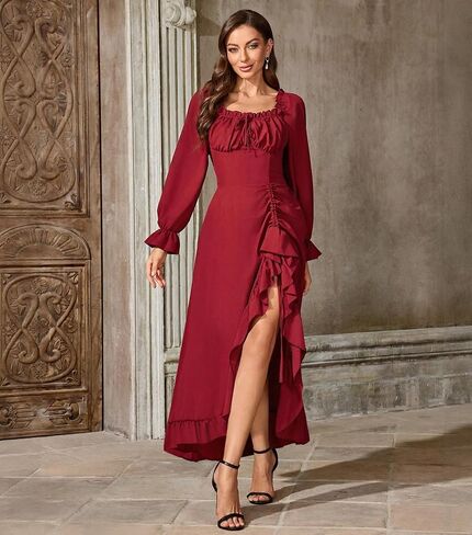 Abaowedding Renaissance Medieval Dress Women Ren Faire Dress, Long Sleeve Ruffle Midi Dress, Square Neck with Smocked Bodice in Saudi Arabia