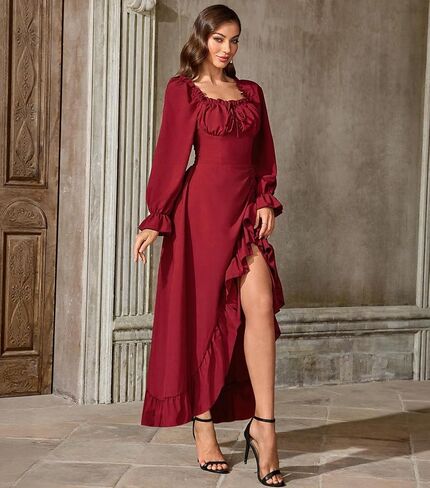 Abaowedding Renaissance Medieval Dress Women Ren Faire Dress, Long Sleeve Ruffle Midi Dress, Square Neck with Smocked Bodice in Saudi Arabia