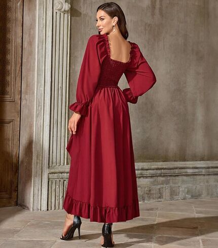 Abaowedding Renaissance Medieval Dress Women Ren Faire Dress, Long Sleeve Ruffle Midi Dress, Square Neck with Smocked Bodice in Saudi Arabia