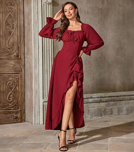 Abaowedding Renaissance Medieval Dress Women Ren Faire Dress, Long Sleeve Ruffle Midi Dress, Square Neck with Smocked Bodice in Saudi Arabia