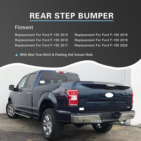 Steel Rear Step Bumper Assembly Chrome Replacement For Ford F-150 2015-2020 With Max Tow Hitch & Parking Aid Sensor Hole Replace FO1103191, 5L3Z17787AA, FL3Z17906B, FL3Z17787B in Saudi Arabia