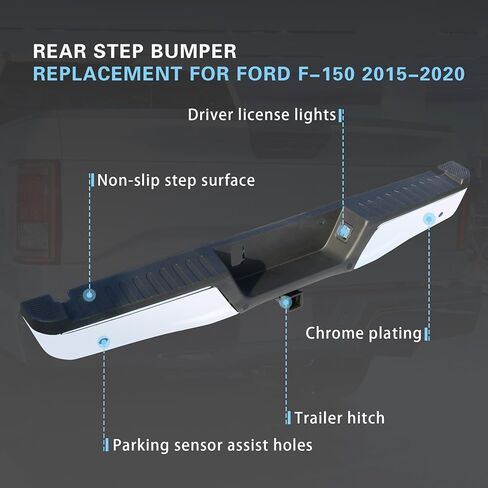 Steel Rear Step Bumper Assembly Chrome Replacement For Ford F-150 2015-2020 With Max Tow Hitch & Parking Aid Sensor Hole Replace FO1103191, 5L3Z17787AA, FL3Z17906B, FL3Z17787B in Saudi Arabia