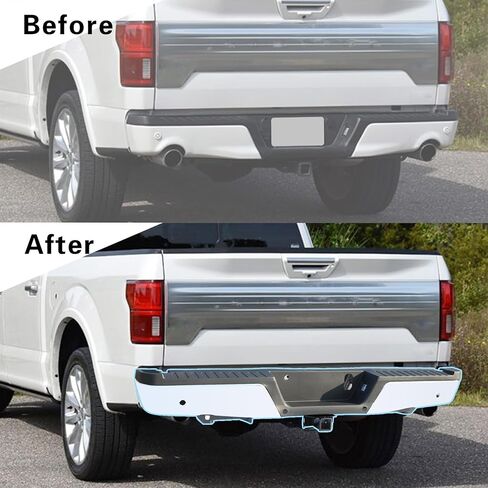 Steel Rear Step Bumper Assembly Chrome Replacement For Ford F-150 2015-2020 With Max Tow Hitch & Parking Aid Sensor Hole Replace FO1103191, 5L3Z17787AA, FL3Z17906B, FL3Z17787B in Saudi Arabia