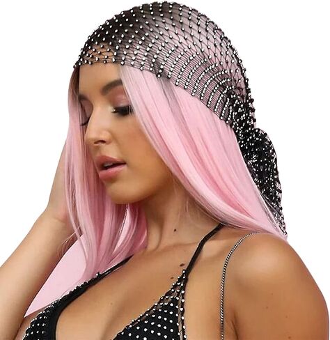Mesh Rhinestone Beads Headband Hollow Sparkling Elastic Fishnet Headpiece Nightclub Crystal Exotic Headwrap Net in Saudi Arabia