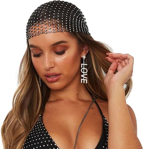Mesh Rhinestone Beads Headband Hollow Sparkling Elastic Fishnet Headpiece Nightclub Crystal Exotic Headwrap Net in Saudi Arabia