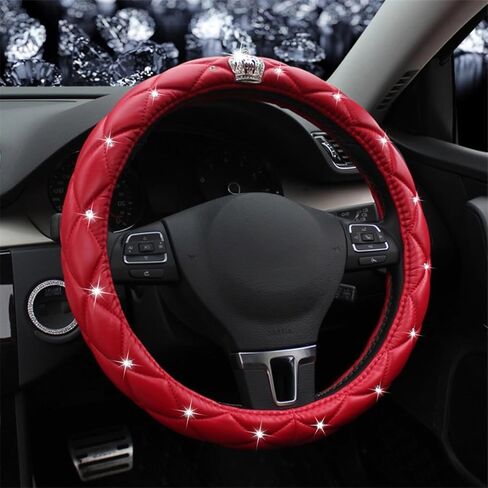 Bling Rhinestone Steering Wheel Cover Women with Crystal Diamond Universal 15in Leather Car Steering Wheel Cover Fit Suvs,Vans,Sedans,Car (3-Red with Crown) in Saudi Arabia