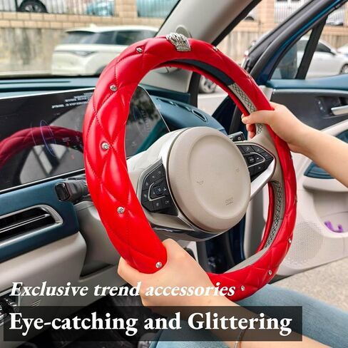 Bling Rhinestone Steering Wheel Cover Women with Crystal Diamond Universal 15in Leather Car Steering Wheel Cover Fit Suvs,Vans,Sedans,Car (3-Red with Crown) in Saudi Arabia