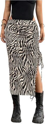 SOLY HUX Women's Plus Size Zebra Print Skirt High Waisted Ruched Drawstring Split Bodycon Y2k Going Out Midi Skirts in Kuwait
