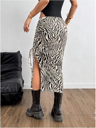 SOLY HUX Women's Plus Size Zebra Print Skirt High Waisted Ruched Drawstring Split Bodycon Y2k Going Out Midi Skirts in Kuwait