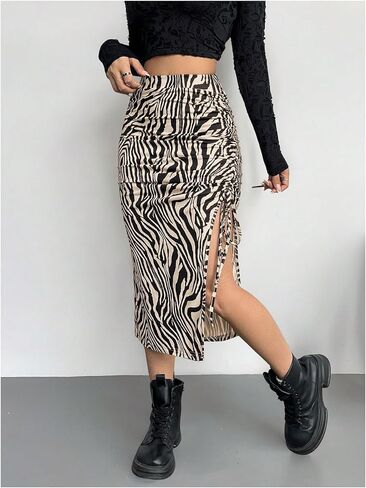 SOLY HUX Women's Plus Size Zebra Print Skirt High Waisted Ruched Drawstring Split Bodycon Y2k Going Out Midi Skirts in Kuwait