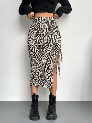 SOLY HUX Women's Plus Size Zebra Print Skirt High Waisted Ruched Drawstring Split Bodycon Y2k Going Out Midi Skirts in Kuwait