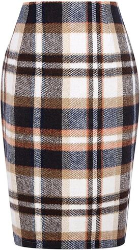 Women's Plaid Pencil Midi Skirt High Waist Zipper Bodycon Knee Length Skirt Fall Winter in Saudi Arabia