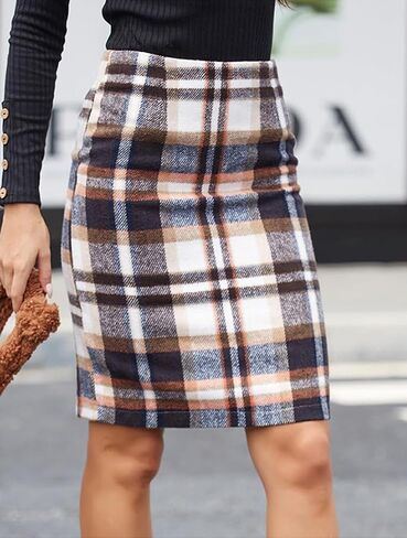Women's Plaid Pencil Midi Skirt High Waist Zipper Bodycon Knee Length Skirt Fall Winter in Saudi Arabia