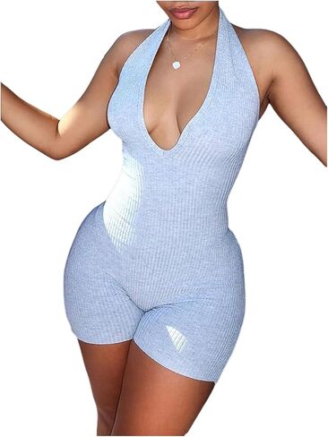 WDIRARA Women's V Neck Backless Sleeveless Skinny Knit Sexy Night Rompers in Saudi Arabia