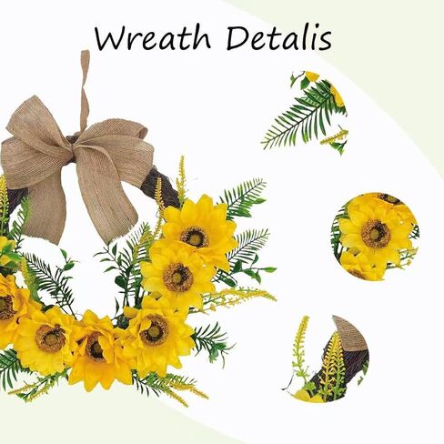 20 Inch Sunflower Wreath for Front Door, Durable Fall Welcome Wreath with Bright Sunflowers and Greenery for Spring Summer Farmhouse Front Porch Indoor Wall Window Office Decor in Saudi Arabia