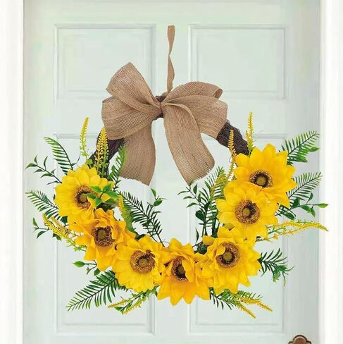 20 Inch Sunflower Wreath for Front Door, Durable Fall Welcome Wreath with Bright Sunflowers and Greenery for Spring Summer Farmhouse Front Porch Indoor Wall Window Office Decor in Saudi Arabia