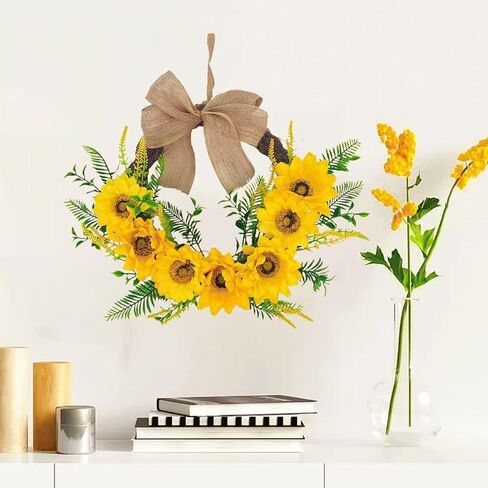20 Inch Sunflower Wreath for Front Door, Durable Fall Welcome Wreath with Bright Sunflowers and Greenery for Spring Summer Farmhouse Front Porch Indoor Wall Window Office Decor in Saudi Arabia