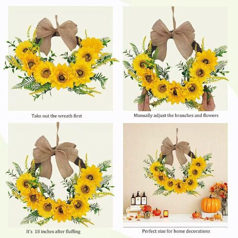 20 Inch Sunflower Wreath for Front Door, Durable Fall Welcome Wreath with Bright Sunflowers and Greenery for Spring Summer Farmhouse Front Porch Indoor Wall Window Office Decor in Saudi Arabia