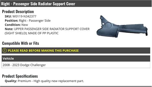 Right Upper Passenger Side Radiator Support Cover - Compatible with 2008-2023 Dodge Challenger in Saudi Arabia