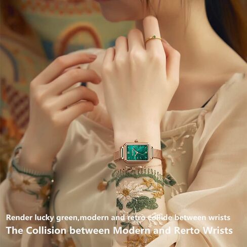 ساعات OLEVS Fashion Retro Square للنساء ساعة مربعة من الحجر الأخضر للسيدات ساعات كوارتز تناظرية ذهبية in Saudi Arabia