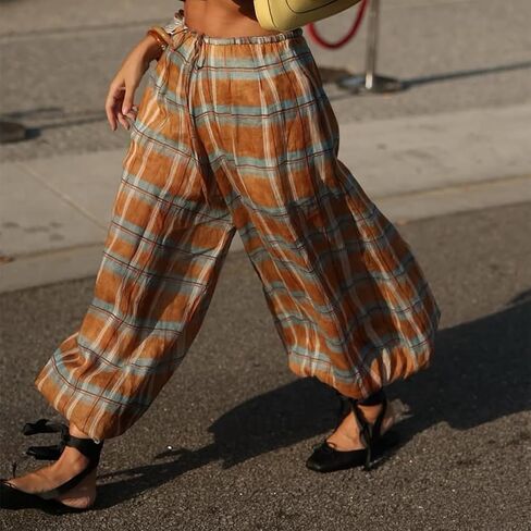 سروال منقوش للنساء كاجوال واسع برباط مربعات وسروال فضفاض للساق Lowy Balloon Pants Y2k ملابس الشارع in Kuwait