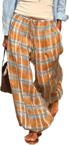 سروال منقوش للنساء كاجوال واسع برباط مربعات وسروال فضفاض للساق Lowy Balloon Pants Y2k ملابس الشارع in Kuwait