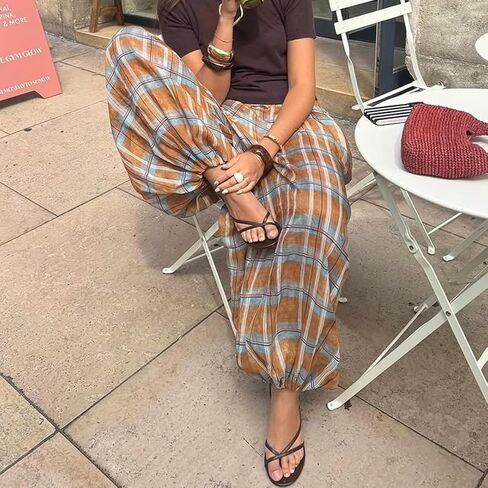 سروال منقوش للنساء كاجوال واسع برباط مربعات وسروال فضفاض للساق Lowy Balloon Pants Y2k ملابس الشارع in Kuwait