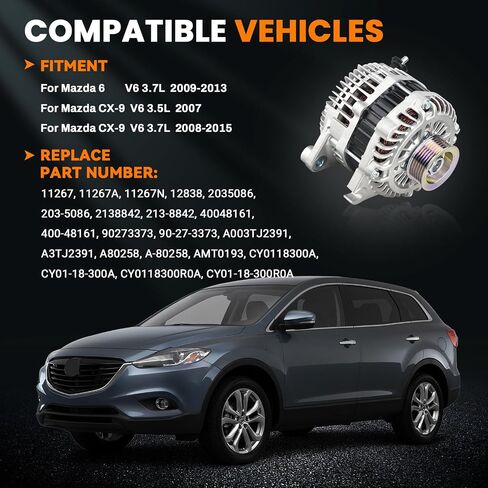 مولد كهربائي عالي الإخراج 110A متوافق مع Mazda 6 3.7L 2009-2013، لمازدا CX-9 3.5L 2007، لمازدا CX-9 3.7L 2008-2015، الجزء #11267 A3TJ2391 CY01-18-300 AMT0193 A3TJ2391 40048161 in Kuwait