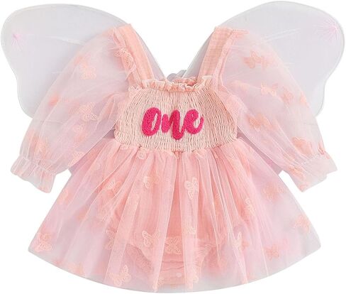 Dcohmch Fairy 1st Birthday Girl Outfit Tie-up Tull Romper Dress with Butterfly Wings Cake Smash Photo Shoot Clothes in Kuwait