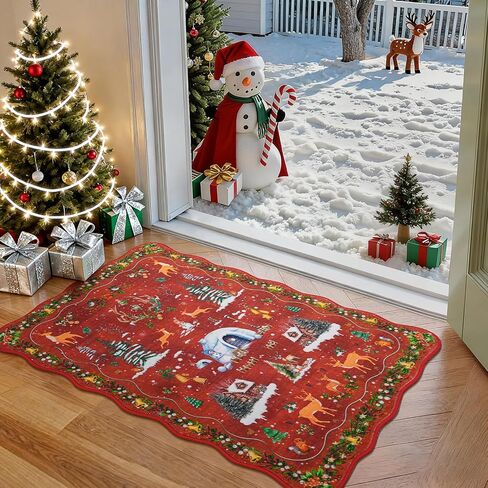 Christmas Runner Rug Scalloped Runners for Hallways, Red Kitchen Rugs Non-Slip Washable Entryway Bathroom Rugs, Holiday Tree Snow Winter Xmas Floor Carpet for Hall Bedroom in Saudi Arabia