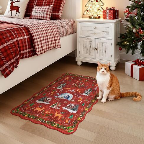 Christmas Runner Rug Scalloped Runners for Hallways, Red Kitchen Rugs Non-Slip Washable Entryway Bathroom Rugs, Holiday Tree Snow Winter Xmas Floor Carpet for Hall Bedroom in Saudi Arabia