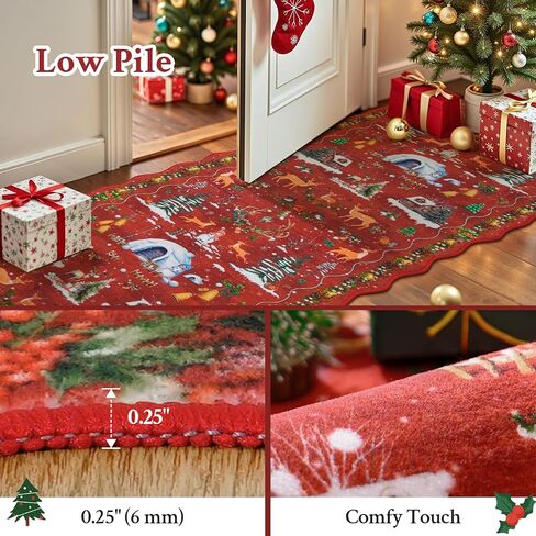 Christmas Runner Rug Scalloped Runners for Hallways, Red Kitchen Rugs Non-Slip Washable Entryway Bathroom Rugs, Holiday Tree Snow Winter Xmas Floor Carpet for Hall Bedroom in Saudi Arabia