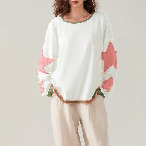 Mxiqqpltky ستار قميص المرأة المتضخم Y2k الجرافيك كم طويل Crewneck فضفاض Preppy البلوز الجمالية البلوز قميص حريمي in Kuwait