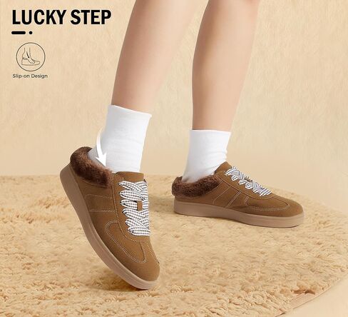 LUCKY STEP أحذية رياضية نسائية عصرية مبطنة بالفرو، أحذية كاجوال كلاسيكية كلاسيكية سهلة الارتداء بدون ظهر، مريحة للمشي في الشتاء والمشي ومضادة للانزلاق in Kuwait