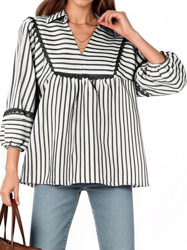 Tankaneo Womens Striped Babydoll Tops Oversized 3/4 Sleeve Peplum Blouse Loose Fit Pleated Cute Shirts in Saudi Arabia