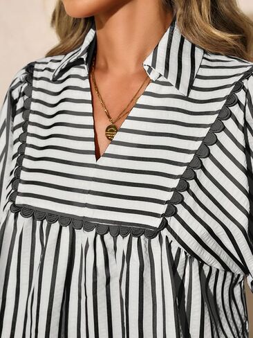 Tankaneo Womens Striped Babydoll Tops Oversized 3/4 Sleeve Peplum Blouse Loose Fit Pleated Cute Shirts in Saudi Arabia