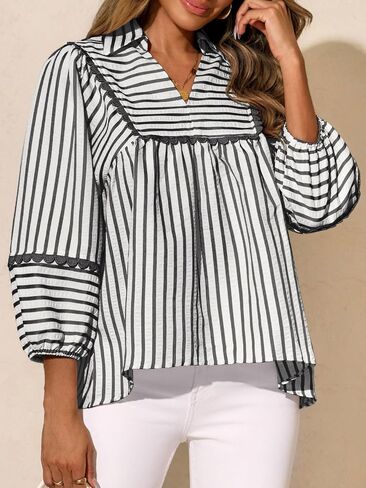 Tankaneo Womens Striped Babydoll Tops Oversized 3/4 Sleeve Peplum Blouse Loose Fit Pleated Cute Shirts in Saudi Arabia