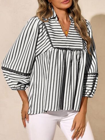 Tankaneo Womens Striped Babydoll Tops Oversized 3/4 Sleeve Peplum Blouse Loose Fit Pleated Cute Shirts in Saudi Arabia