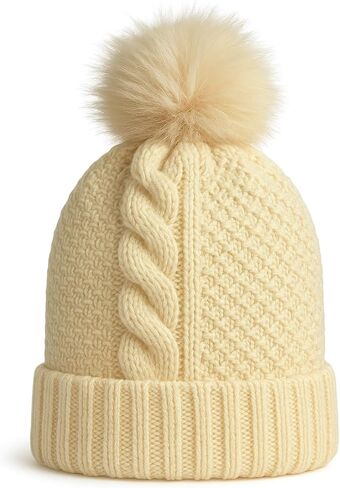 Winter Knit Beanie Hat with Faux Fur Pom Pom, Cable Knit Pattern, Cream Color, Gift Package in Saudi Arabia