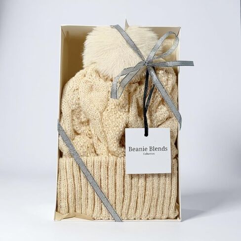 Winter Knit Beanie Hat with Faux Fur Pom Pom, Cable Knit Pattern, Cream Color, Gift Package in Saudi Arabia