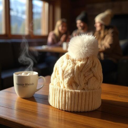 Winter Knit Beanie Hat with Faux Fur Pom Pom, Cable Knit Pattern, Cream Color, Gift Package in Saudi Arabia