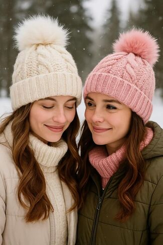 Winter Knit Beanie Hat with Faux Fur Pom Pom, Cable Knit Pattern, Cream Color, Gift Package in Saudi Arabia
